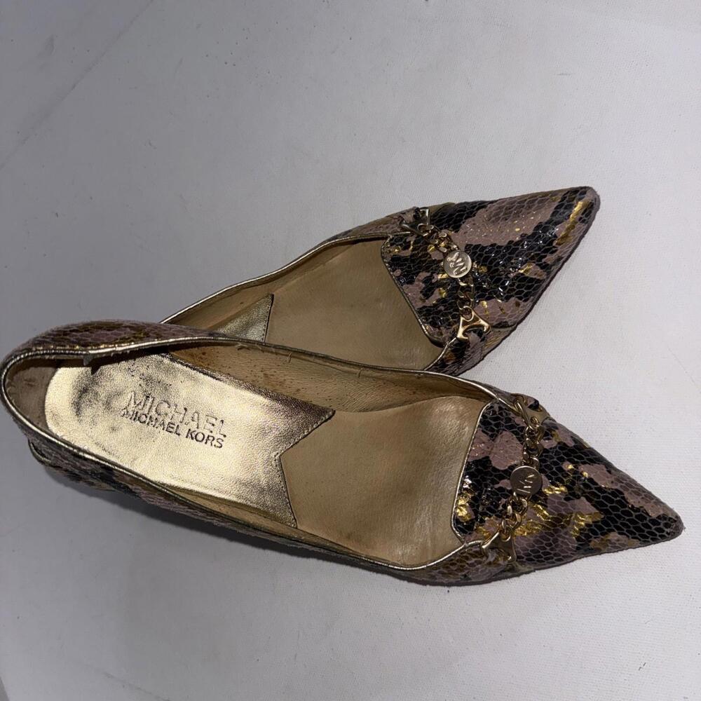 Michael Kors Heels Snake Skin Leather 2" Kitten‎ Heels MK Logo Chain Women's 8M